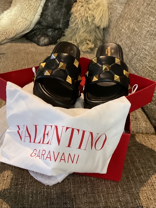 Valentino Garavani Shoes - Valentino Garavani Black Leather Slide Mules with Gold Pyramid Studs